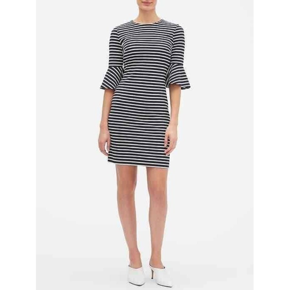Banana Republic Sheath Dress Women 0P Navy White Striped Bell Sleeve